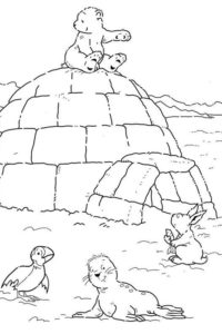 Igloo surrounded by animals